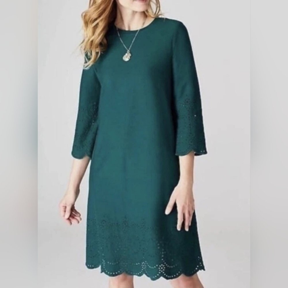 J. Jill Shift Dress XSmall Teal Eyelet Scallop Hem 3/4 Sleeve Cotton Knee Length - Picture 2 of 9